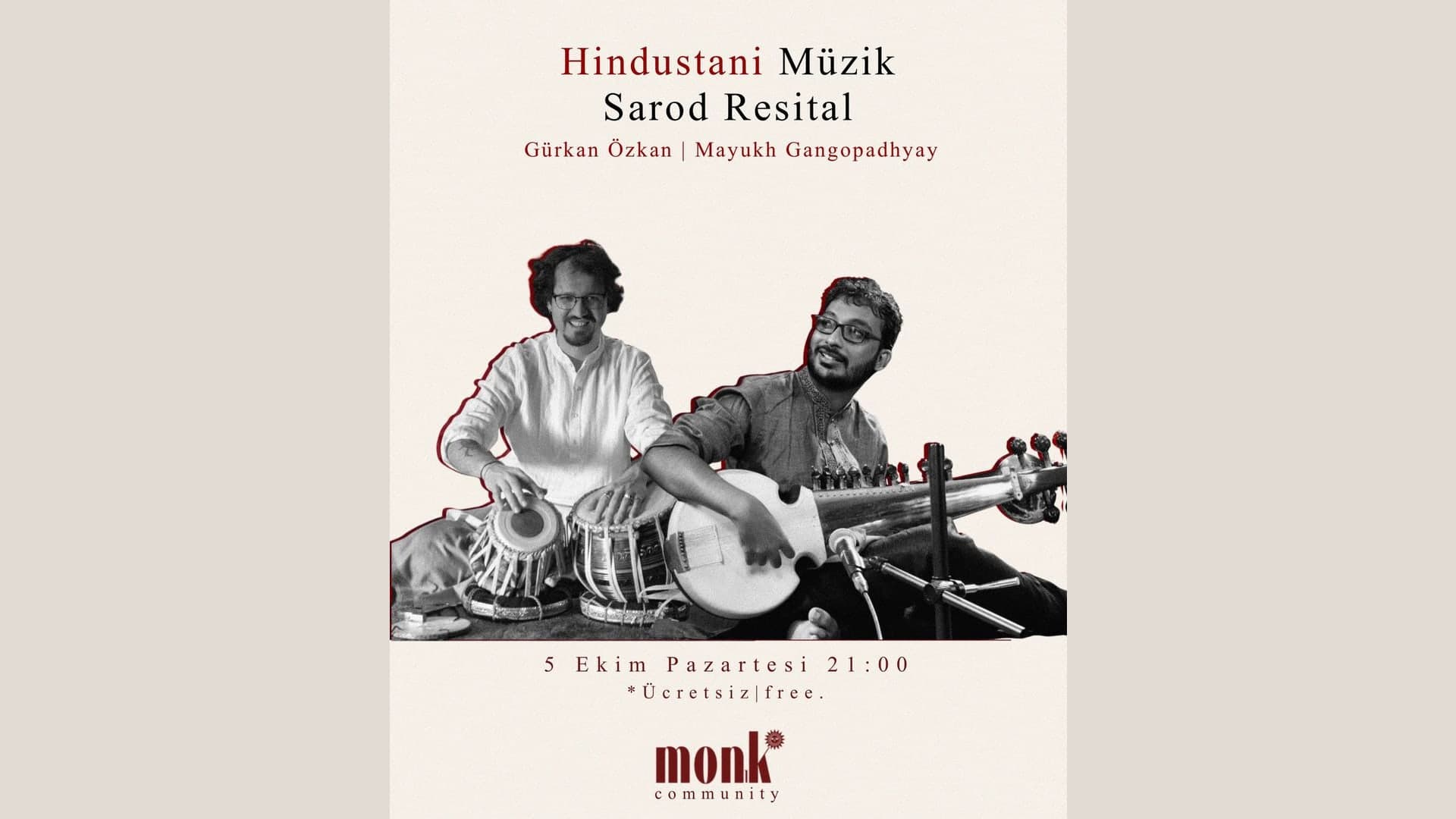 Hindustani Müzik Sarod Resital afişi: tabla ve sarod çalan iki müzisyen, 5 Ekim Pazartesi 21:00, ücretsiz
